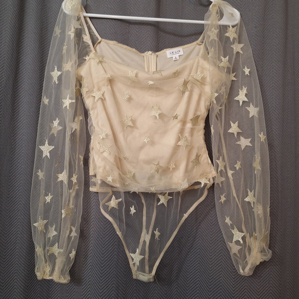 Le Lis Star Mesh Bodysuit Sz S Cream Gold Celestial‎ Fairy Whimsygoth Festival